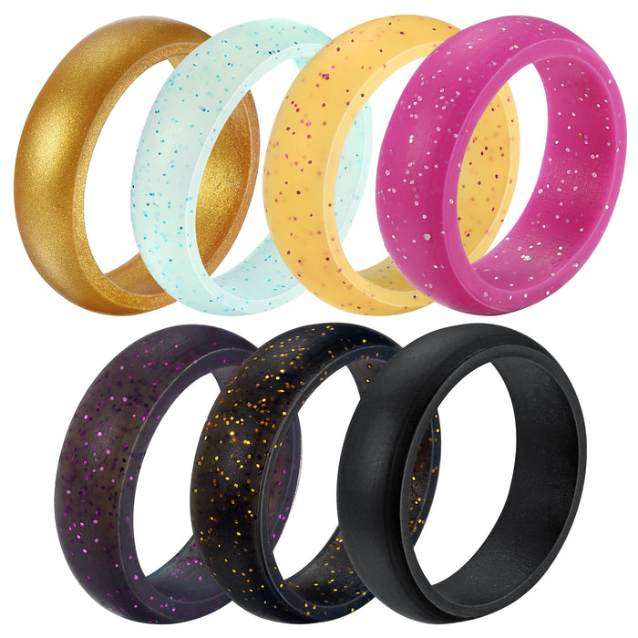 Untouchble Silicone Rings Wedding Bands for Women (Pack of 7 - Gold, Light Blue, Yellow, Pink, Black Purple, Black Gold, Black)
