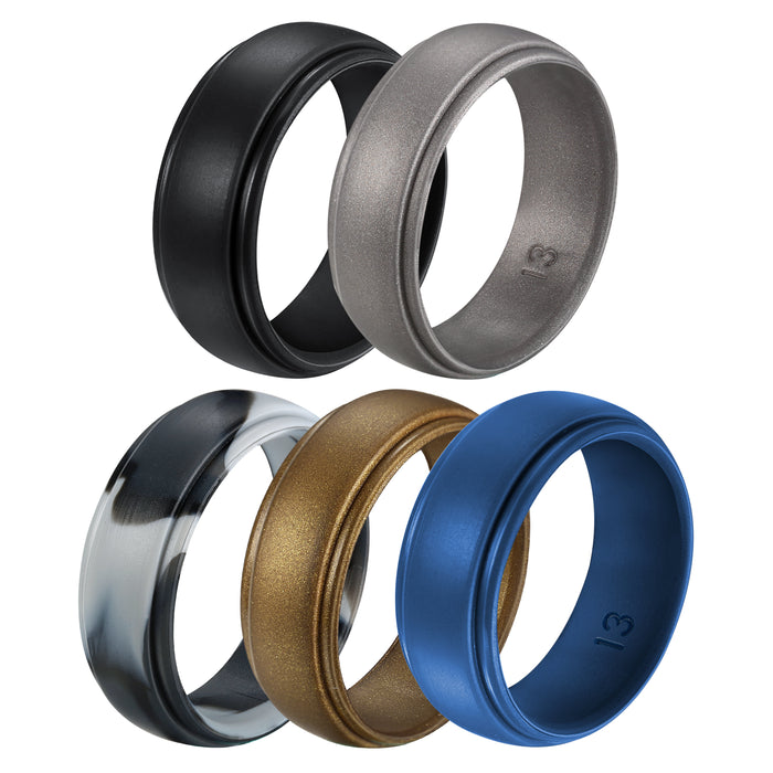 Untouchble Silicone Rings for Men Rubber Wedding Bands (Pack of 5 - Black, Silver, Black Camo, Brown, Blue)