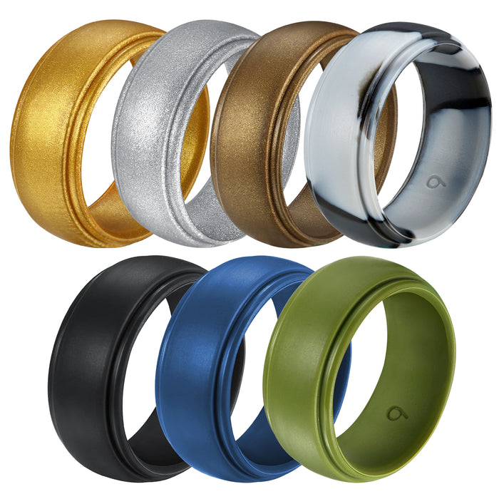 Untouchble Silicone Rings for Men Rubber Wedding Bands (Pack of 7 - Gold, Silver, Brown, Silver Camo, Black, Blue, Green)