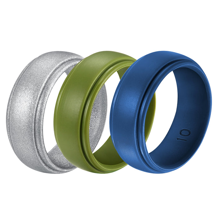 Untouchble Silicone Rings for Men Rubber Wedding Bands (Pack of 3 - Silver, Green, Blue)