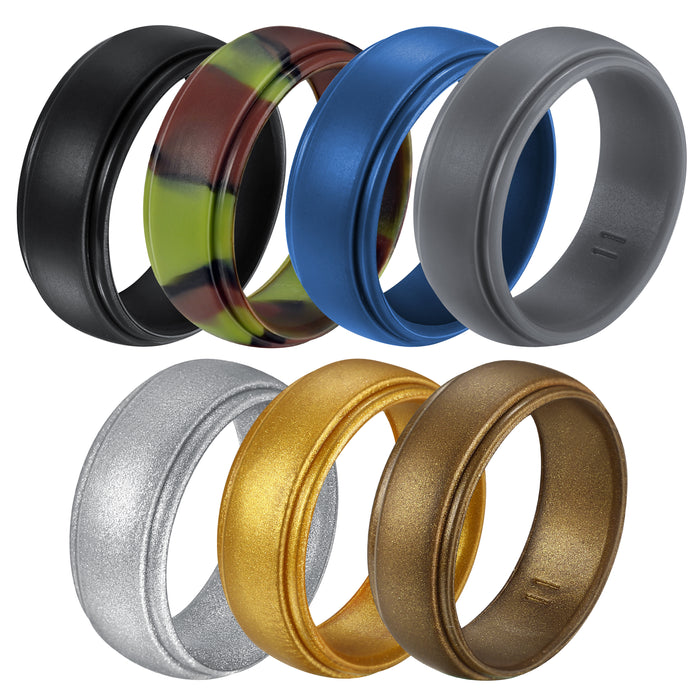 Untouchble Silicone Rings for Men Rubber Wedding Bands (Pack of 7 - Black, Green Camo, Blue, Gray, Silver, Gold, Brown)