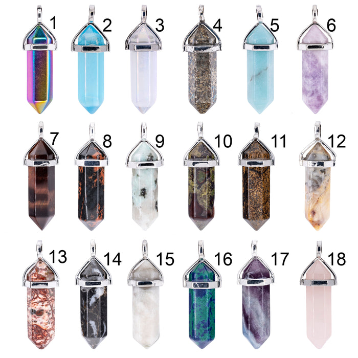 36 Stone Set Hexagon Healing Crystal Point Pendant Silver Bail, Natural Gemstone Charm with Black Nylon Rope Necklace Clasp