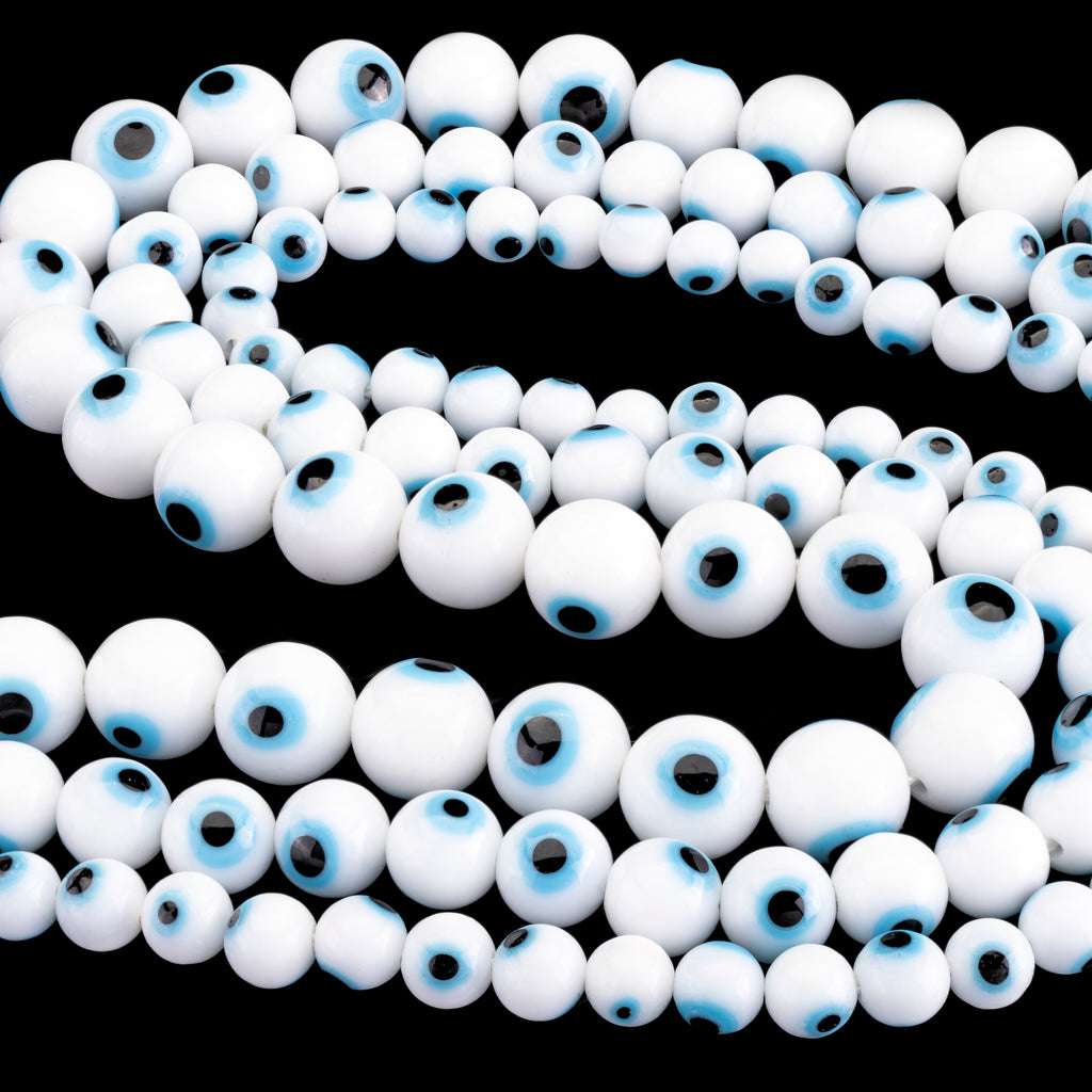 White Evil Eye Smooth Round Loose Beads 6mm-10mm - 15.5" Strand