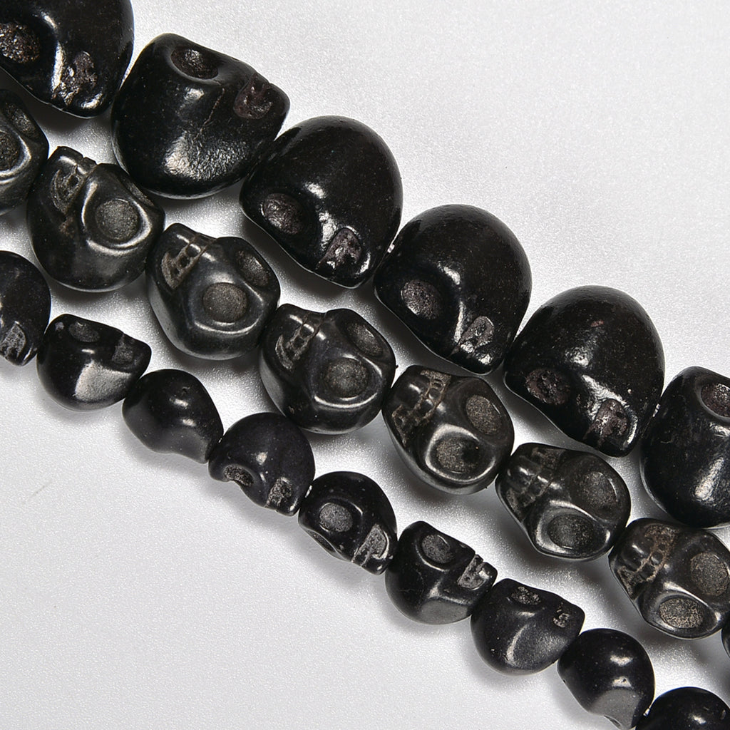 Black Howlite Turquoise Skull Loose Beads 6x8mm, 8x10mm, 10x12mm - 15.5" Strand