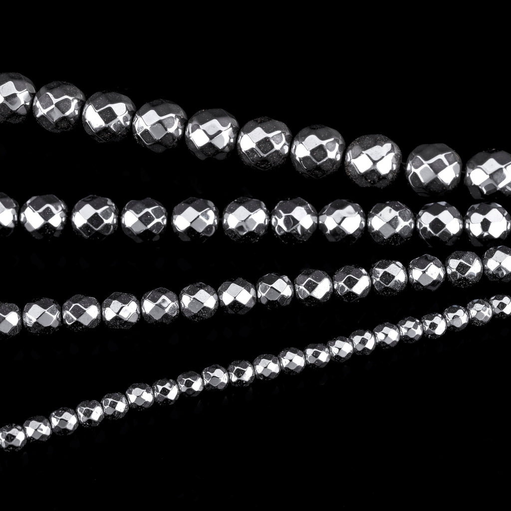 Silver Hematite Faceted Round Loose Beads 4mm-10mm - 15.5" Strand