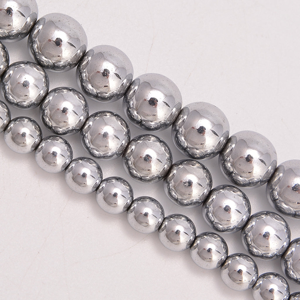 Silver Hematite Smooth Round Loose Beads 4mm-10mm - 15.5" Strand