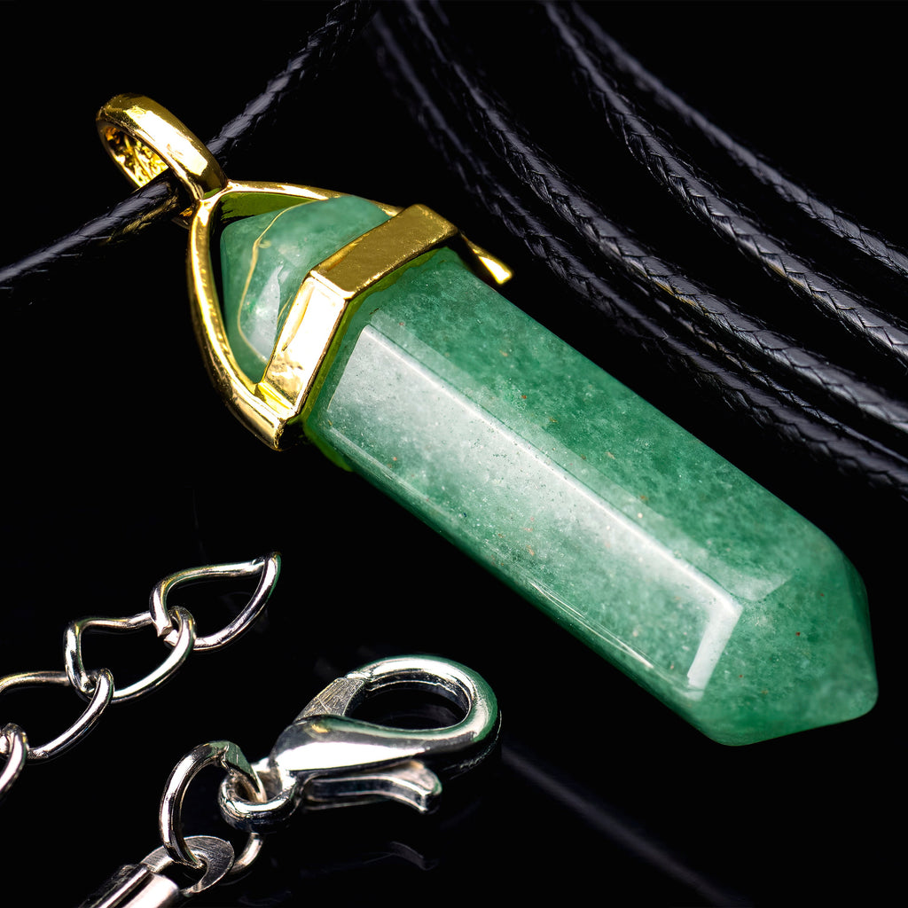 37 Stone Set Hexagon Healing Crystal Point Pendant Gold Bail, Natural Gemstone Charm with Black Nylon Rope Necklace Clasp