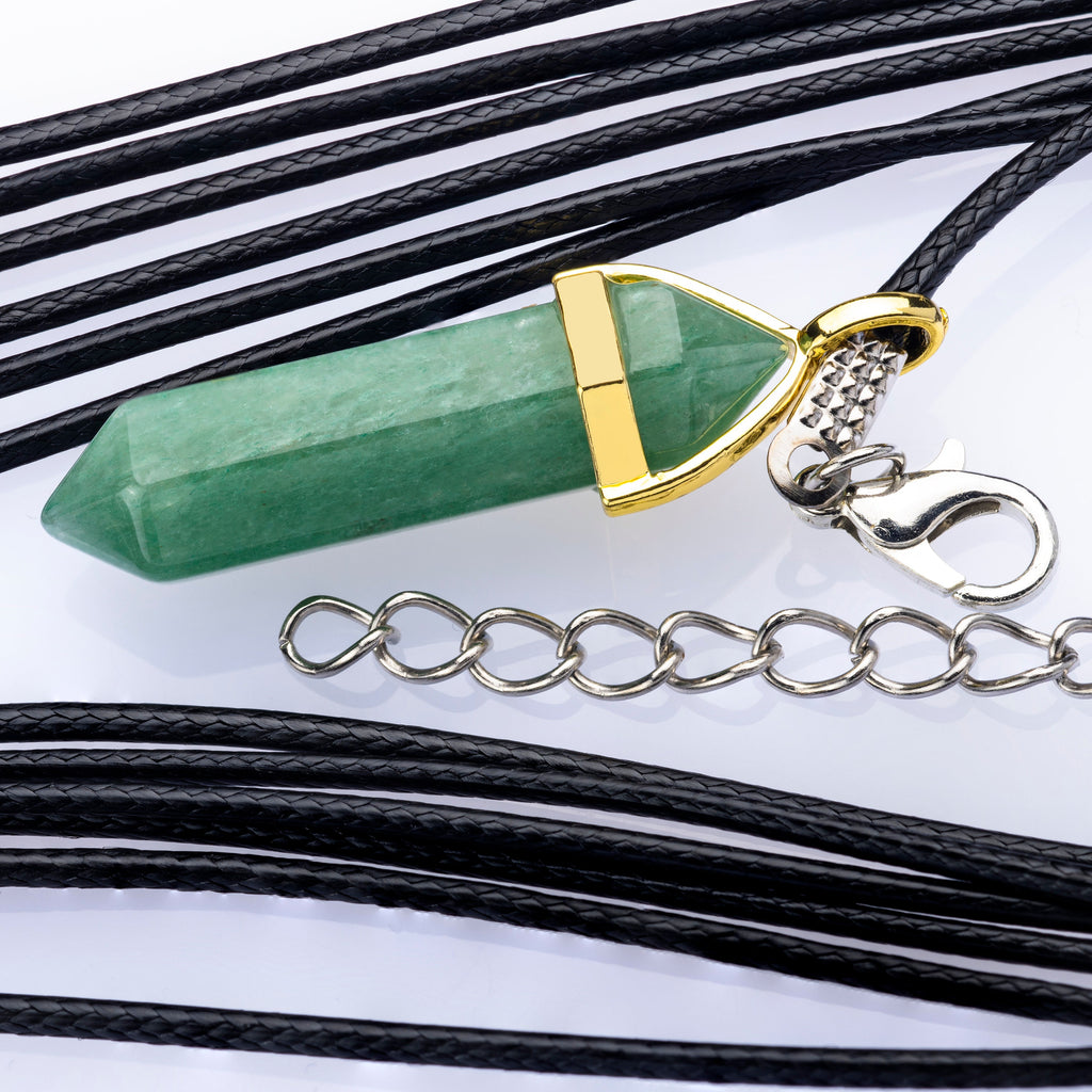 37 Stone Set Hexagon Healing Crystal Point Pendant Gold Bail, Natural Gemstone Charm with Black Nylon Rope Necklace Clasp