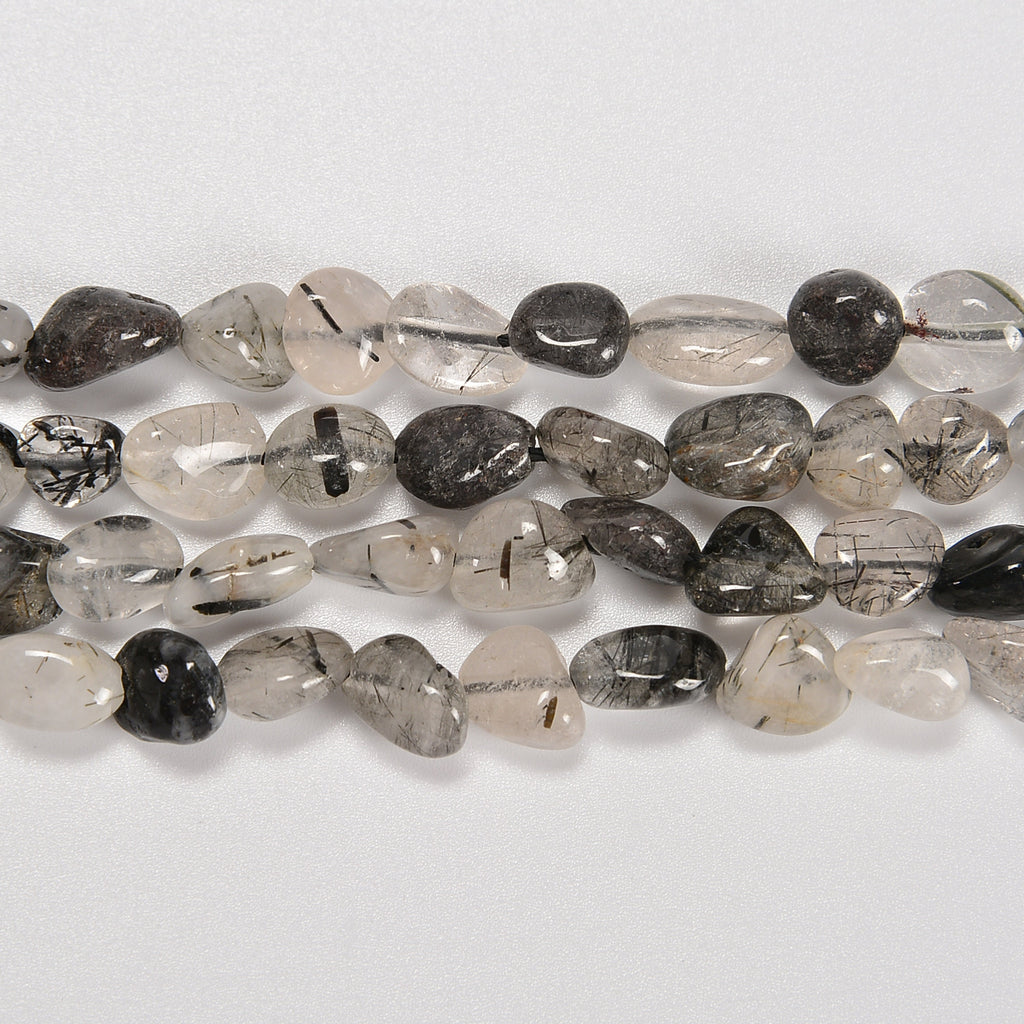 Black Rutilated Quartz Smooth Pebble Nugget Loose Beads 6-8mm, 8-12mm - 15" Strand