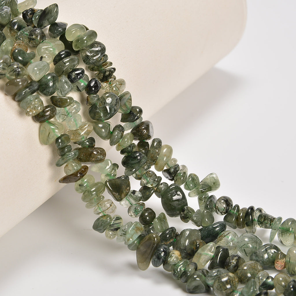 Green Rutilated Quartz Smooth Loose Chips Beads 7-8mm - 34" Strand