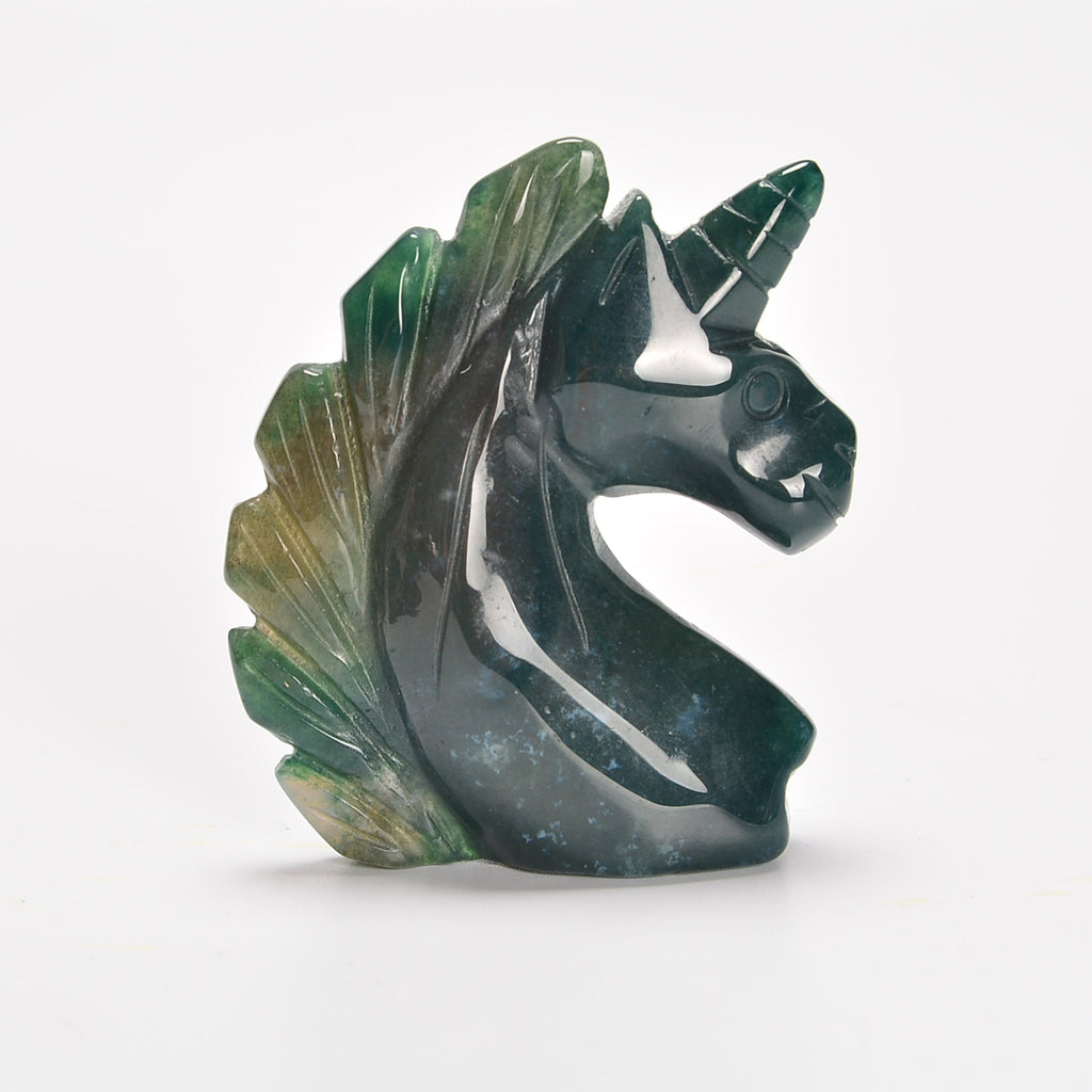 Moss Agate Unicorn Gemstone Crystal Carving Figurine 2 inches, Healing Crystal