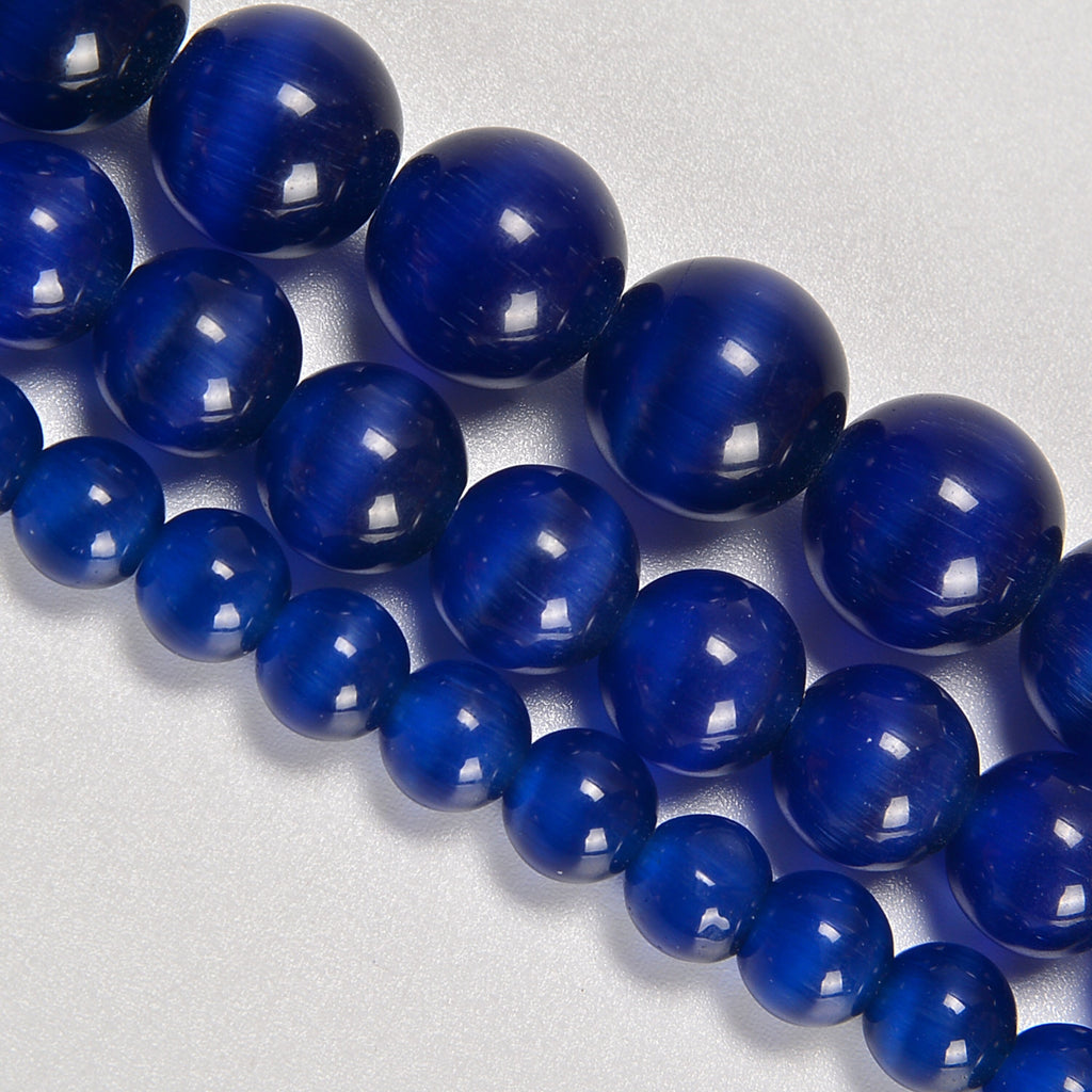 Dark Montana Blue Cat's Eye Smooth Round Loose Beads 6mm-10mm - 15" Strand