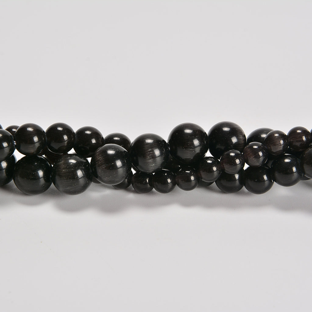 Dark Black Cat's Eye Smooth Round Loose Beads 6mm-10mm - 15" Strand