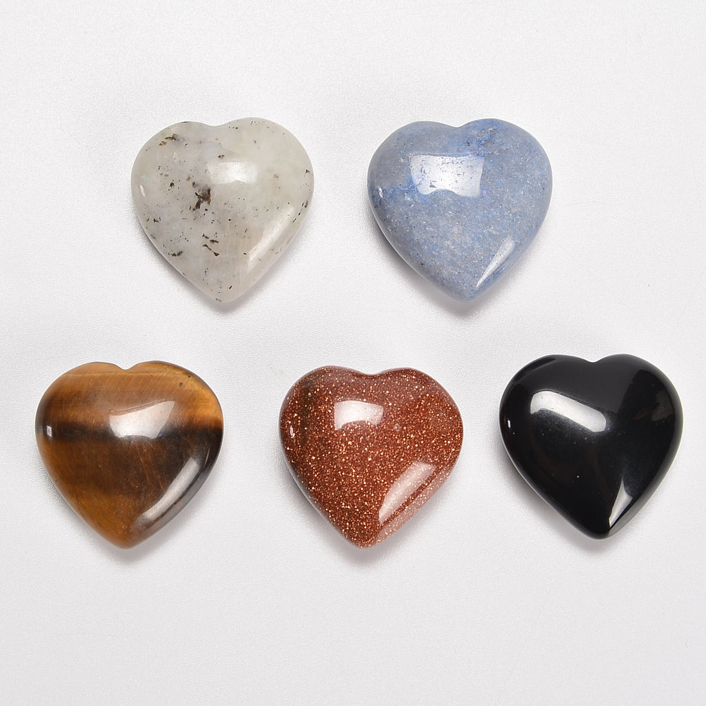 Random Mix of 5 Stone Heart Gemstones Crystal Carving Figurines 1 inch (25mm), Healing Crystals
