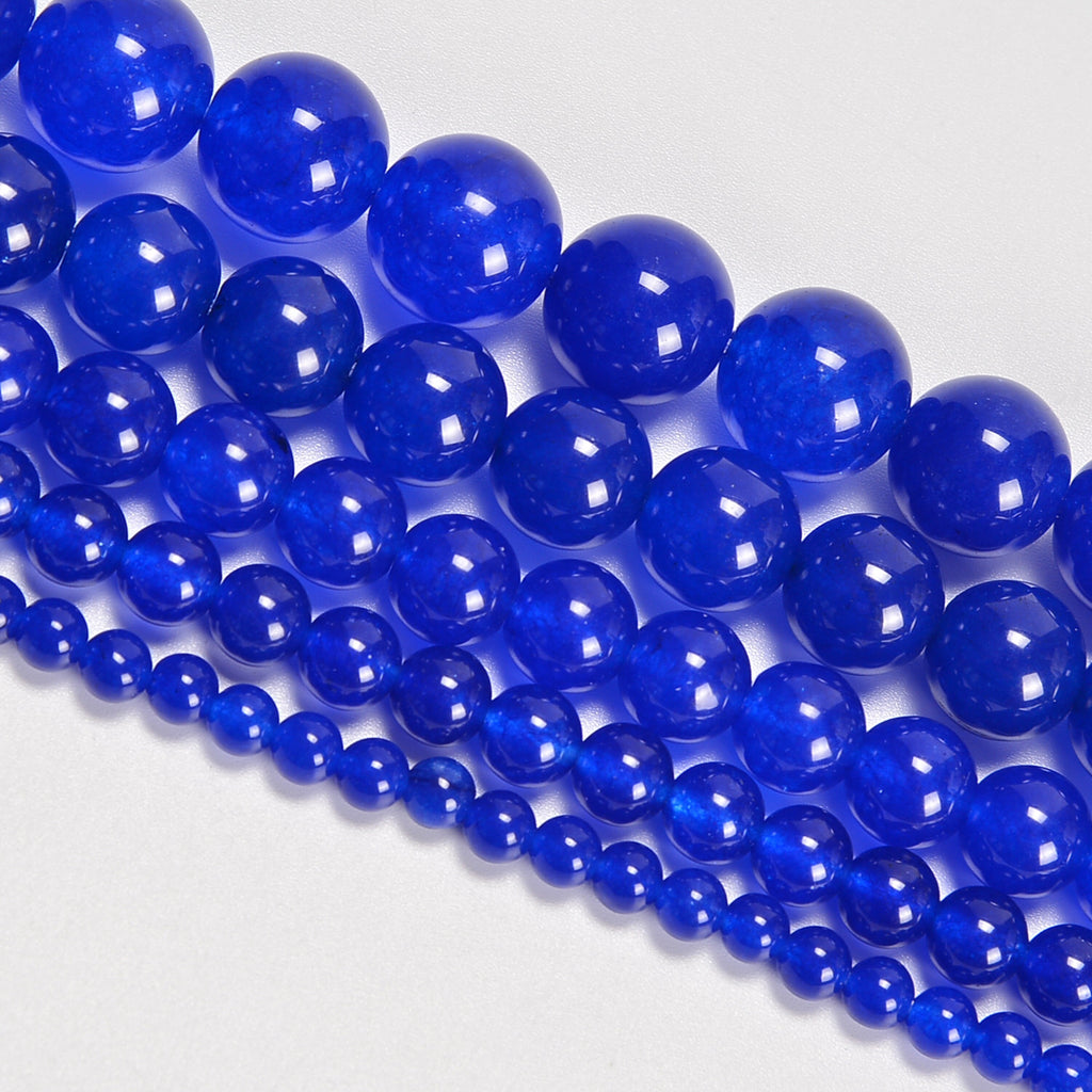 Royal Blue Dyed Jade Smooth Round Loose Beads 4mm-12mm - 15" Strand