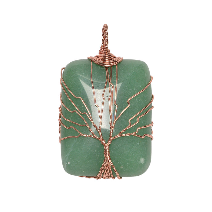 Green Aventurine 30x40mm Wire Wrapped Tree of Life Gemstone Rectangle Pendant Necklace Jewelry, Green Aventurine Rectangle Pendant