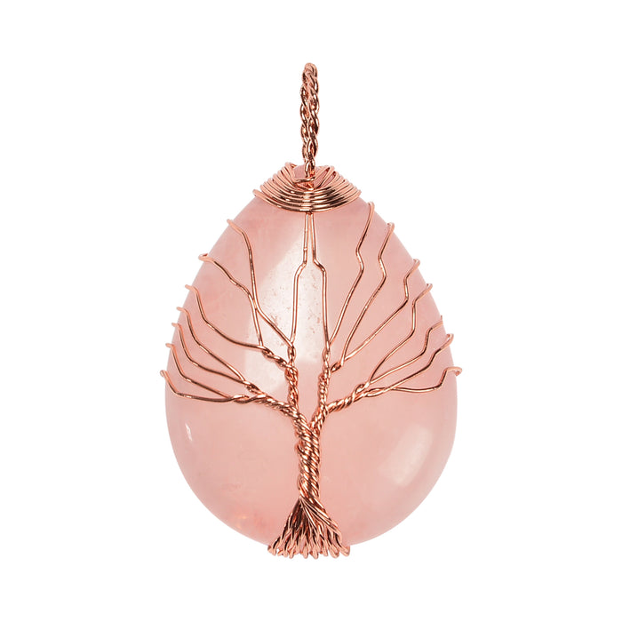 Rose Quartz 30x35mm Wire Wrapped Tree of Life Gemstone Drop Pendant Necklace Jewelry, Rose Quartz Drop Pendant