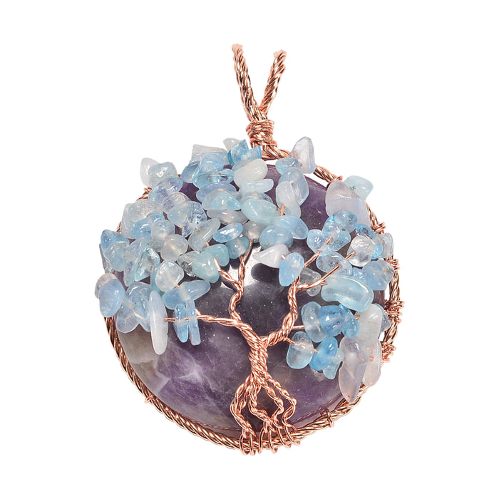 Amethyst and Aquamarine 40mm Wire Wrapped Tree of Life Pendant Necklace Jewelry Gemstone Chips Beads
