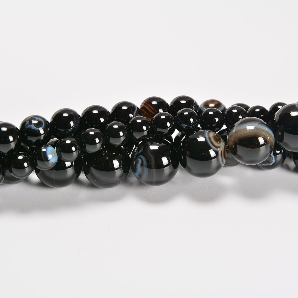 Black Stripe Agate Smooth Round Loose Beads 6mm-12mm - 15.5" Strand