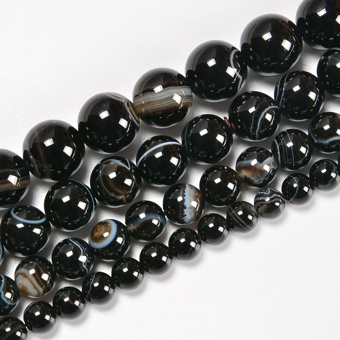 Black Stripe Agate Smooth Round Loose Beads 6mm-12mm - 15.5" Strand