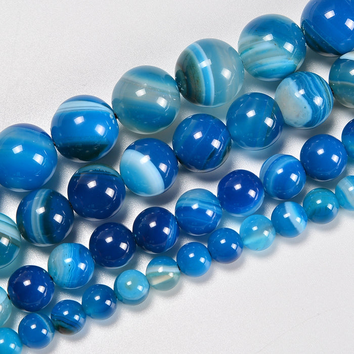 Dark Blue Stripe Agate Smooth Round Loose Beads 6mm-12mm - 15.5" Strand