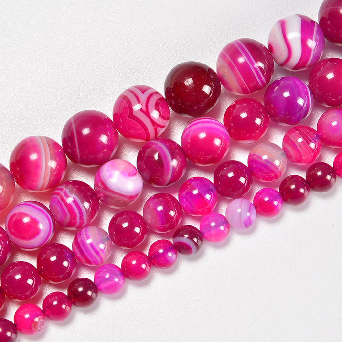Fuchsia Stripe Agate / Pink Stripe Agate Smooth Round Loose Beads 6mm-12mm - 15.5" Strand