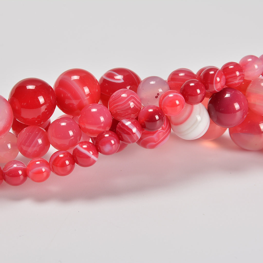 Carmine Rose Stripe Agate Smooth Round Loose Beads 6mm-12mm - 15.5" Strand