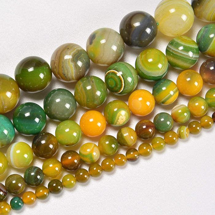 Yellow Green Stripe Agate Smooth Round Loose Beads 4mm-12mm - 15.5" Strand