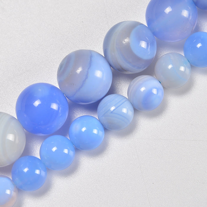 Blue Chalcedony Stripe Agate Smooth Round Loose Beads 8mm-12mm - 15.5" Strand