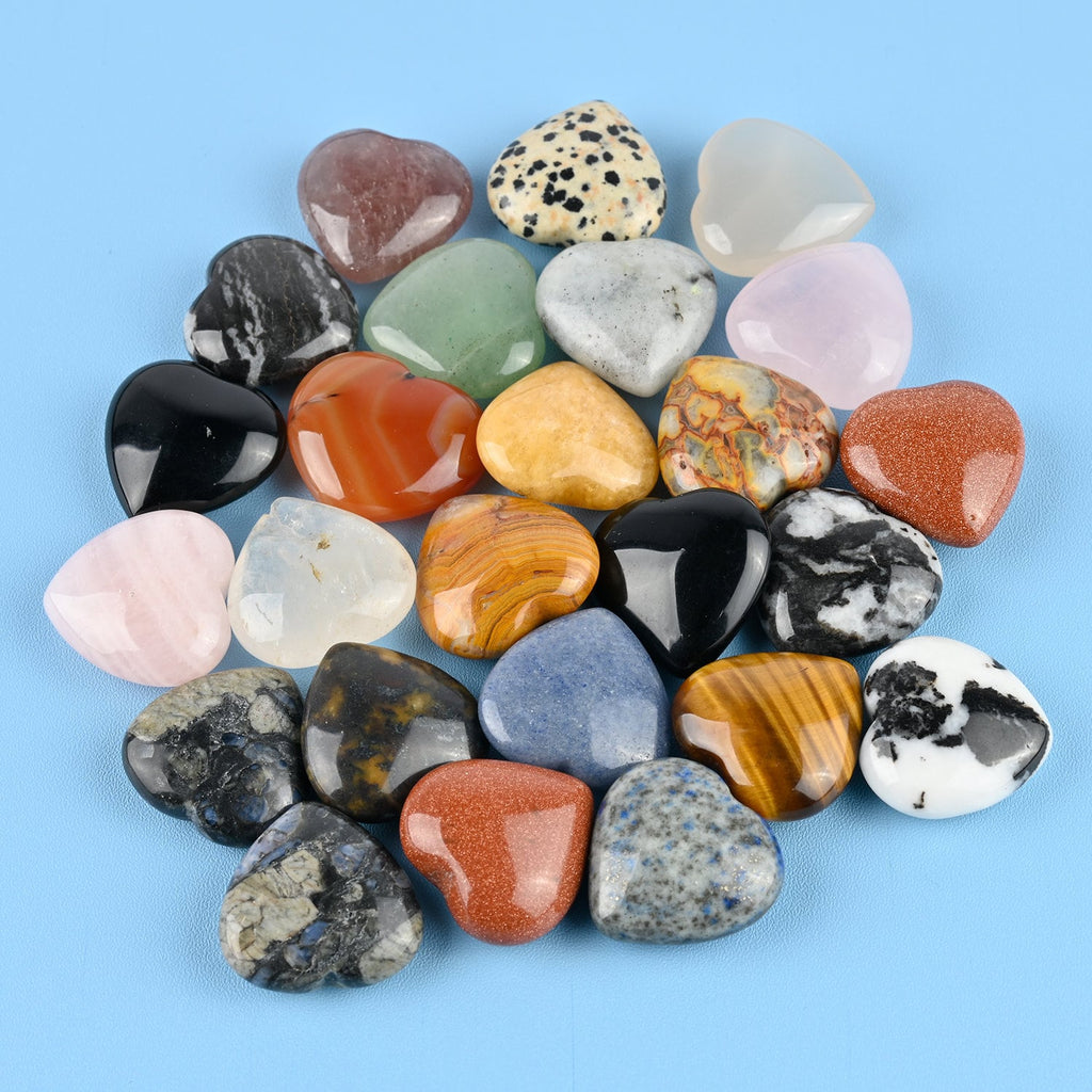 Random Mix of 5 Stone Heart Gemstones Crystal Carving Figurines 1 inch (25mm), Healing Crystals