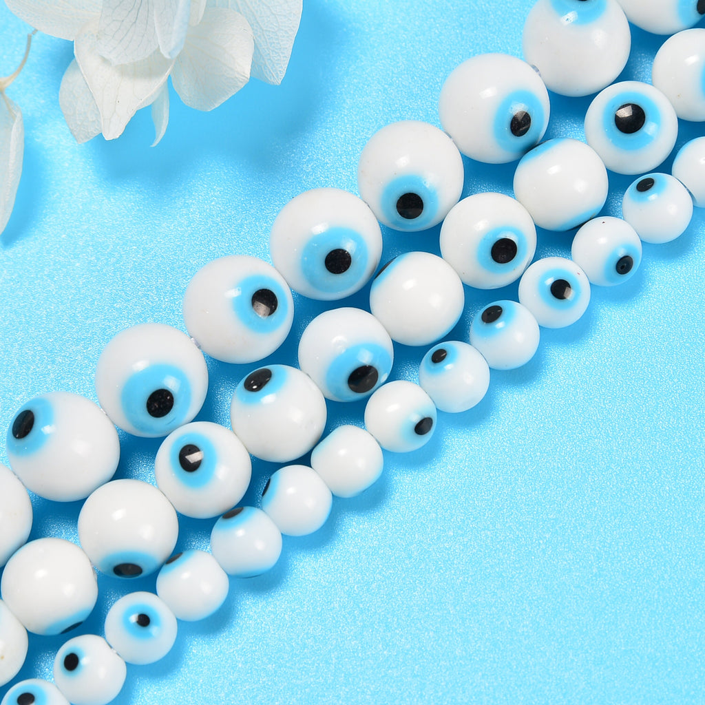 White Evil Eye Smooth Round Loose Beads 6mm-10mm - 15.5" Strand