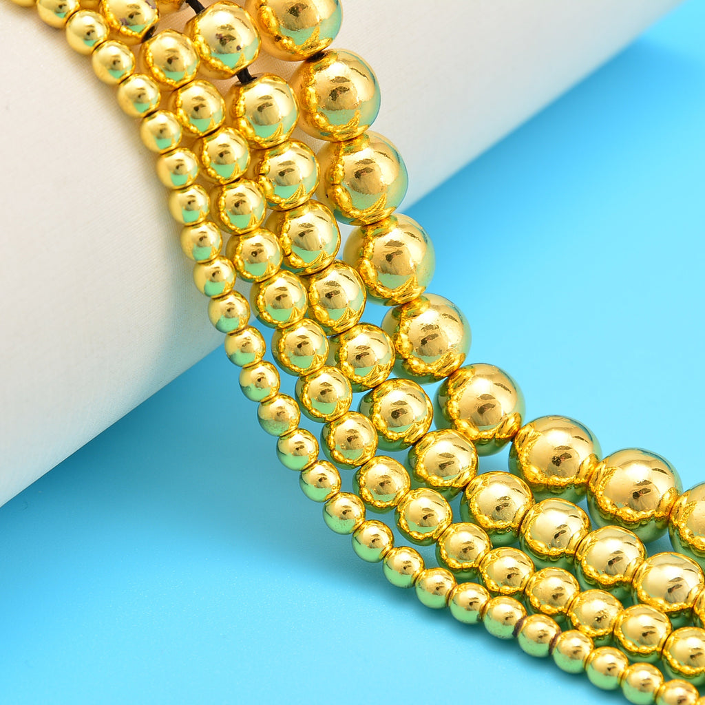 Titanium Gold Hematite Smooth Round Loose Beads 4mm-10mm - 15.5" Strand