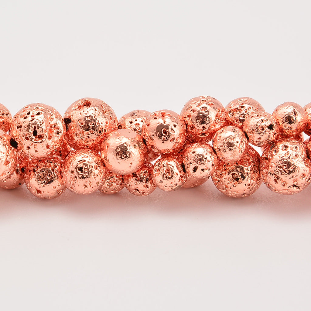 Rose Gold Coated Lava Rock / Rose Gold Coated Lava Stone Round Loose Beads 6mm-10mm - 15.5" Strand