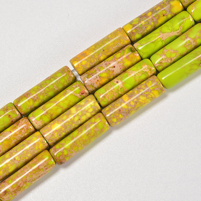 Yellow Green Sea Sediment Imperial Jasper Smooth Cylinder Tube Loose Beads 4x13mm - 15" Strand