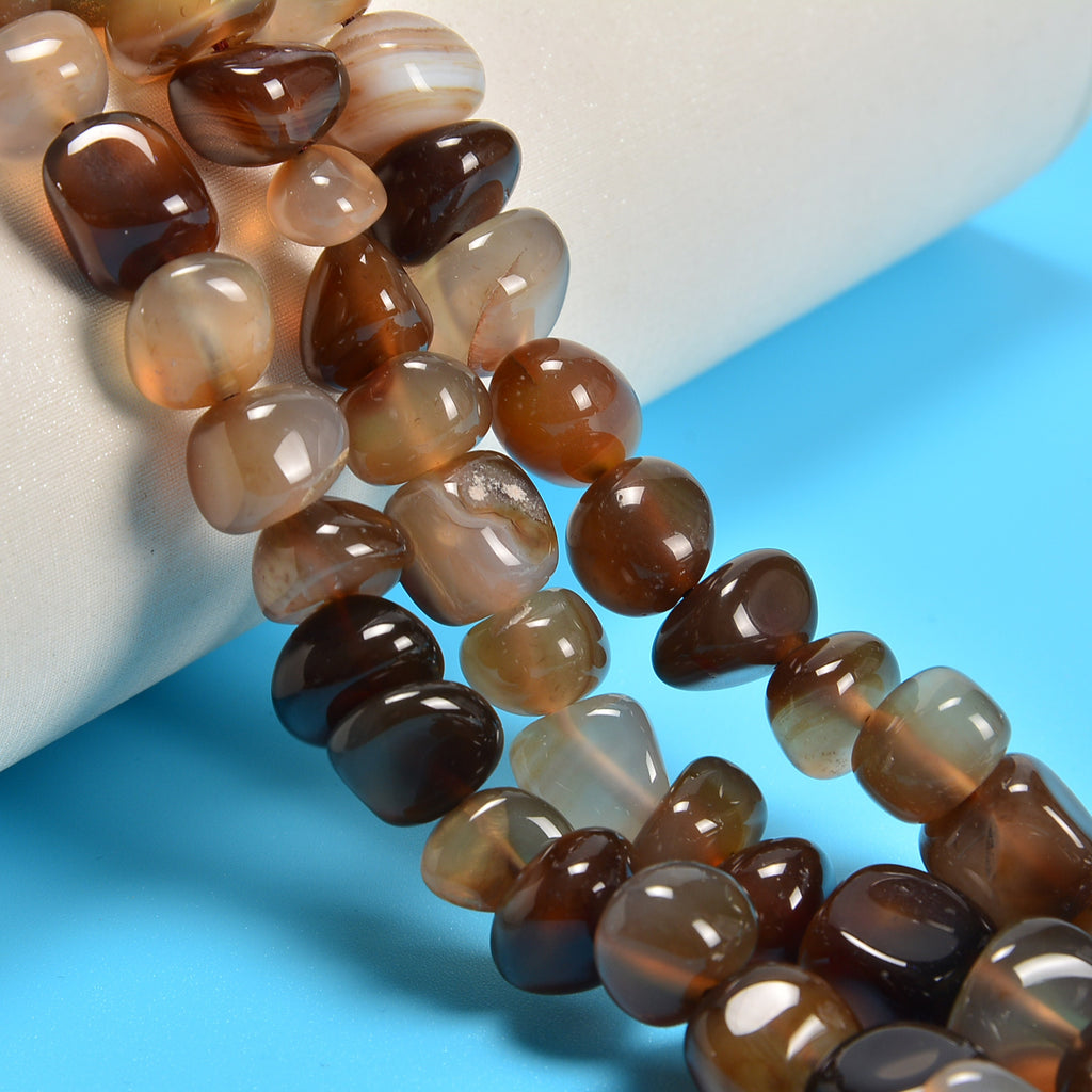 Brown Stripe Agate Smooth Center Drilled Nugget Loose Beads 10-12mm - 15" Strand