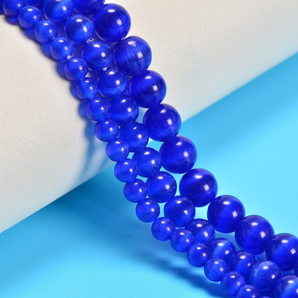 Royal Blue Cat's Eye Smooth Round Loose Beads 6mm-10mm - 15" Strand