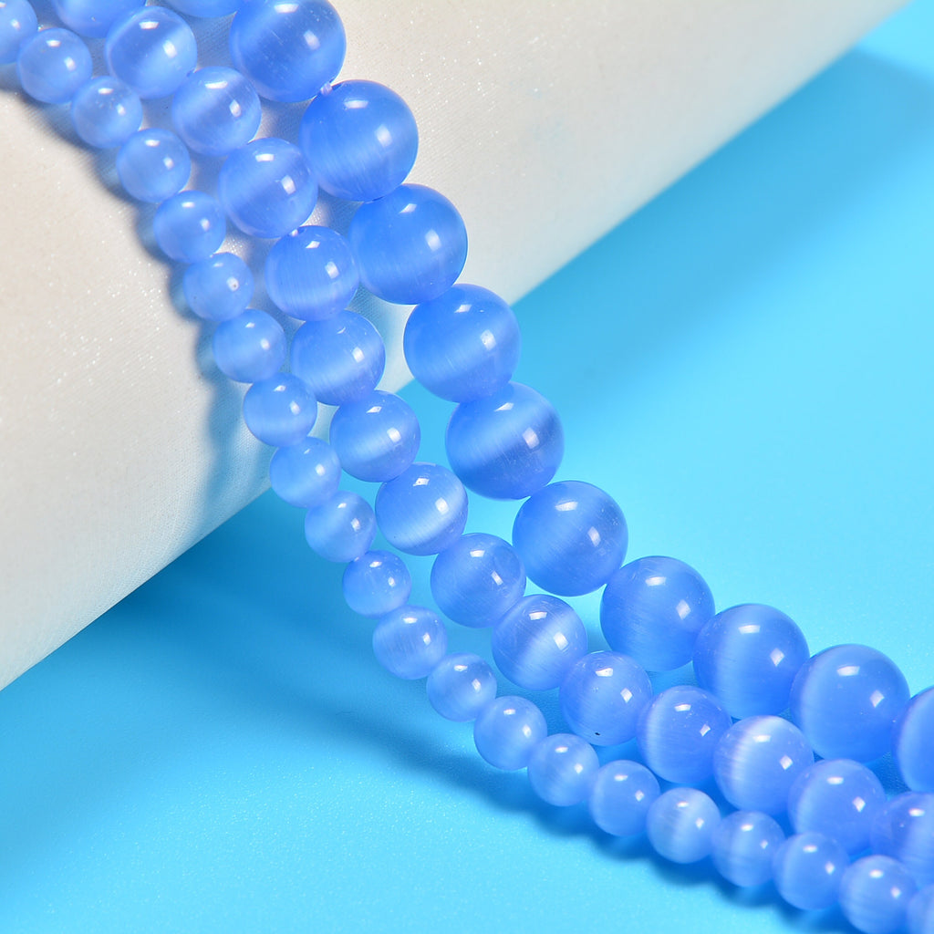Light Blue Cat's Eye Smooth Round Loose Beads 6mm-10mm - 15" Strand