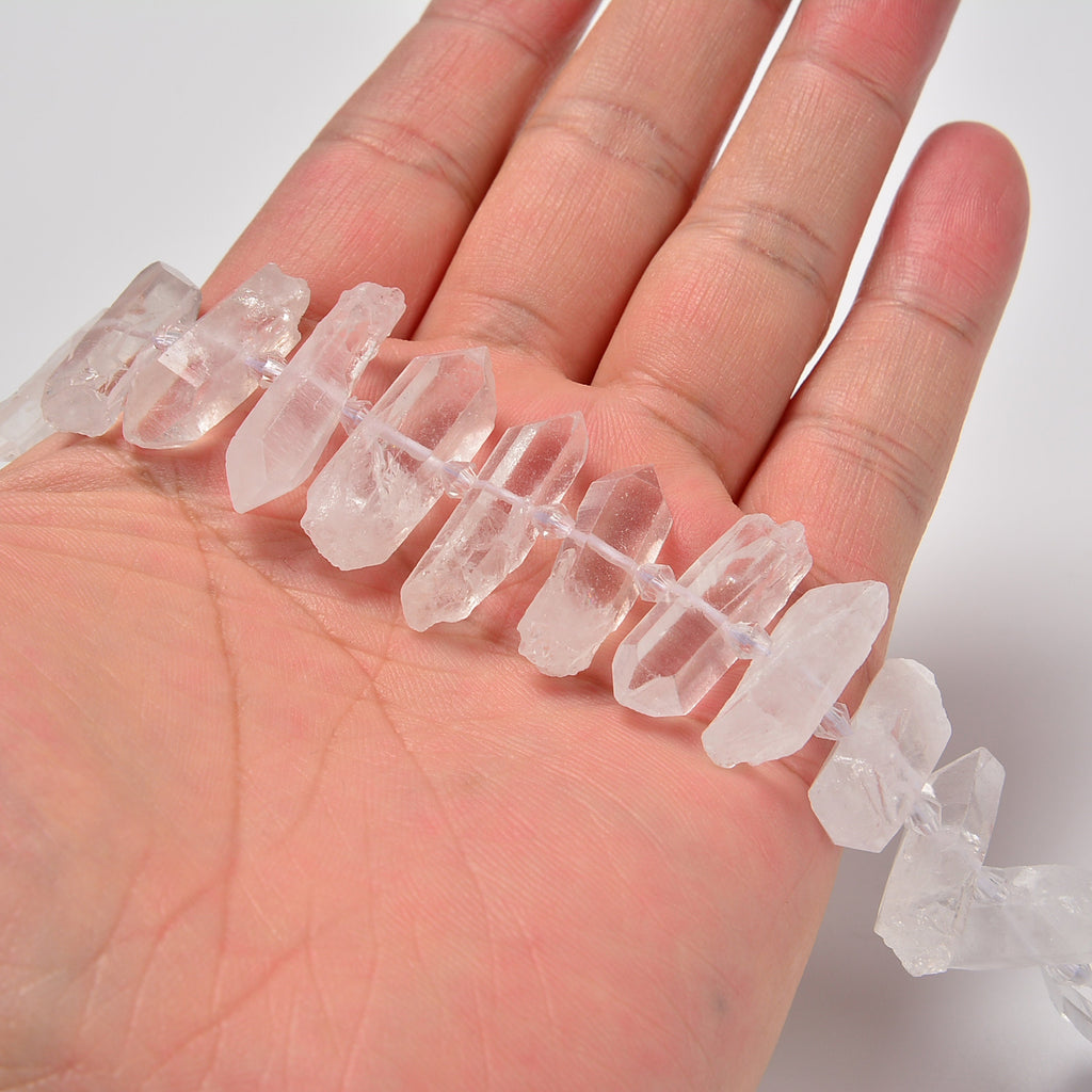 Clear Quartz Smooth Center Drilled Graduated Crystal Stick Points Loose Beads 20-25mm, 25-30mm - 15.5" Strand