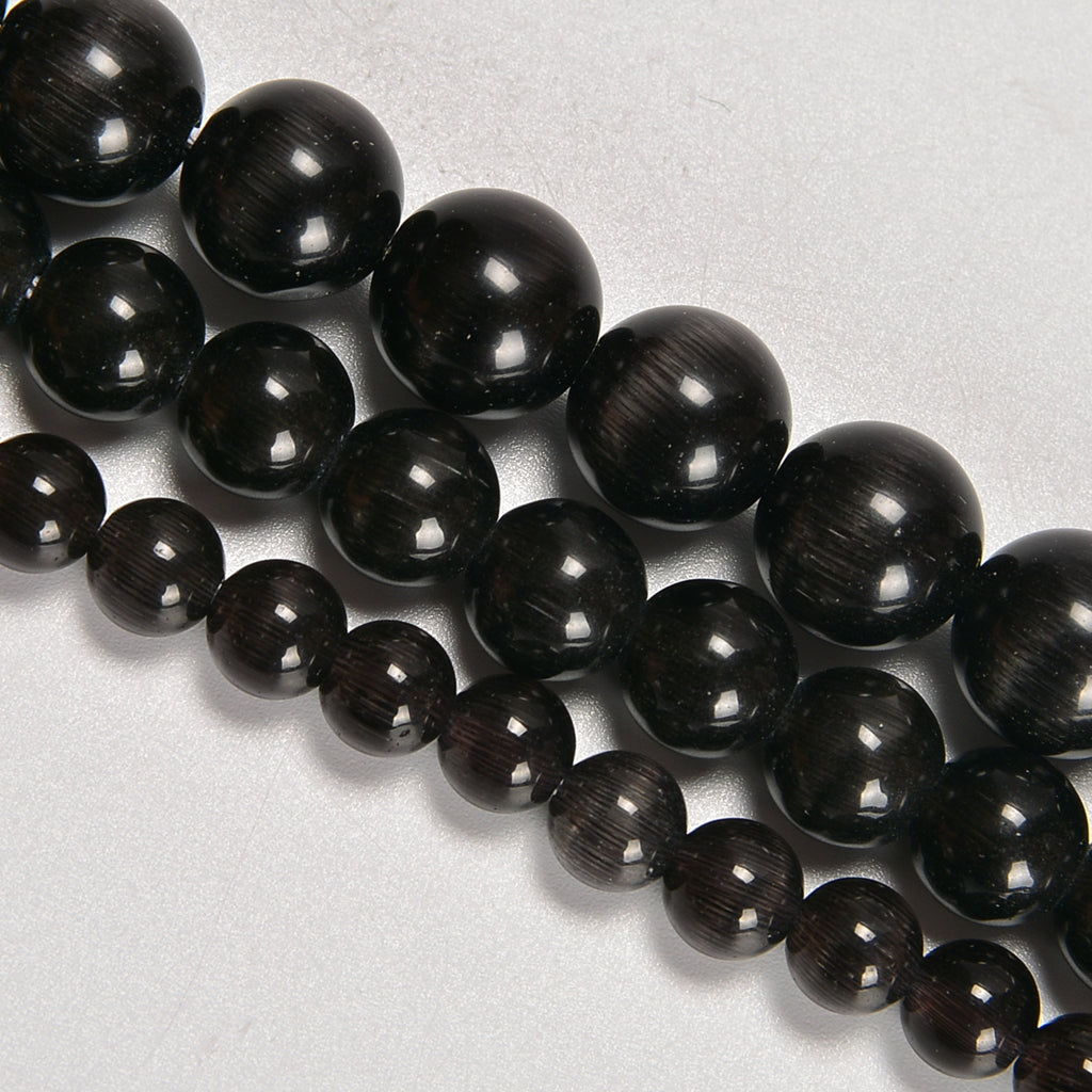 Dark Black Cat's Eye Smooth Round Loose Beads 6mm-10mm - 15" Strand