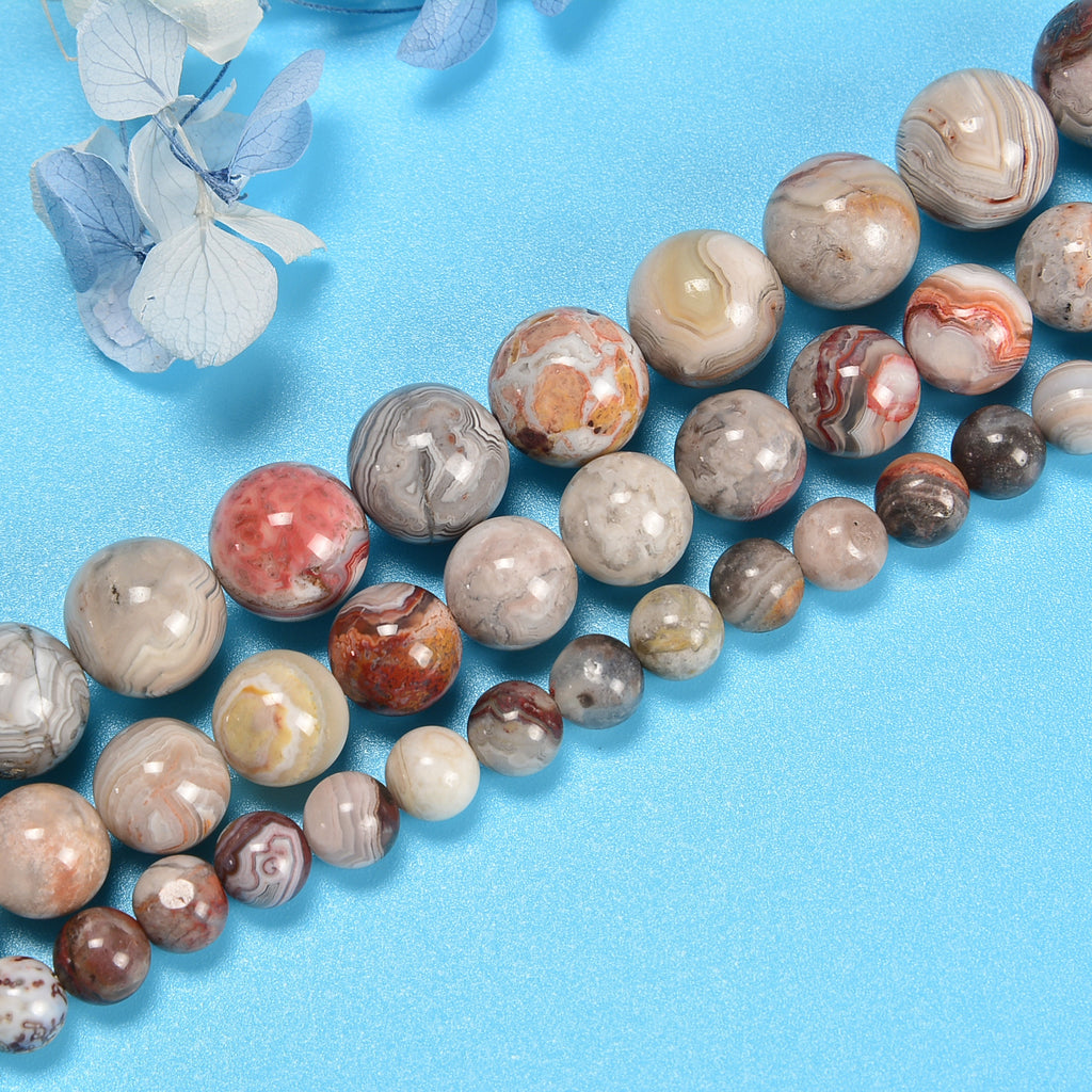 Natural Laguna Lace Agate Smooth Round Loose Beads 6mm-10mm - 15" Strand