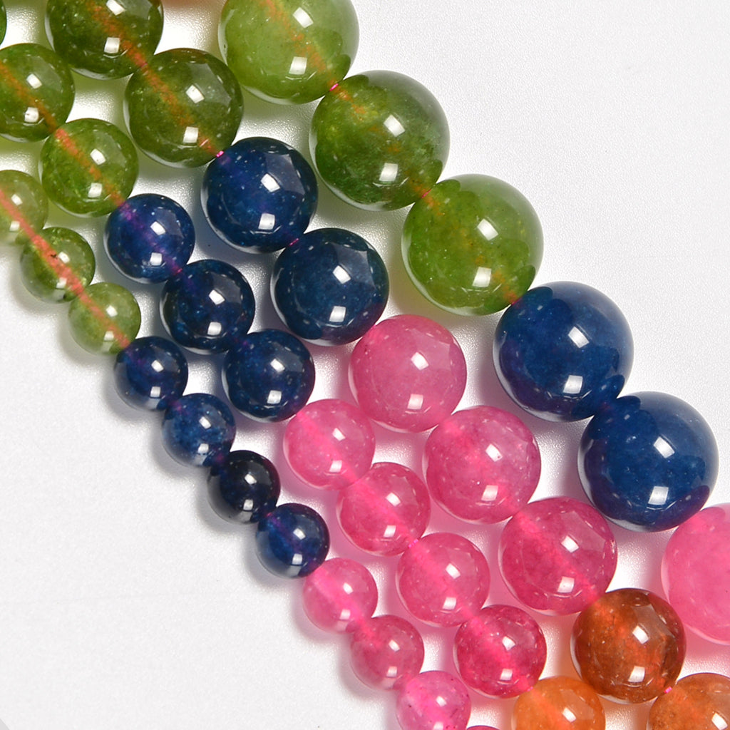 Tourmaline Dyed Jade Smooth Round Loose Beads 6mm-12mm - 15" Strand