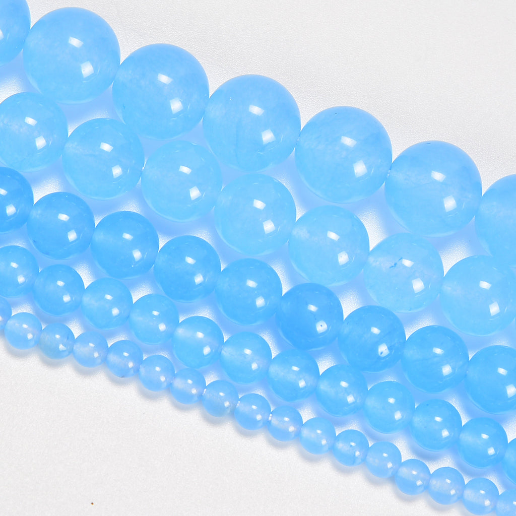 Light Blue Dyed Jade Smooth Round Loose Beads 4mm-12mm - 15" Strand