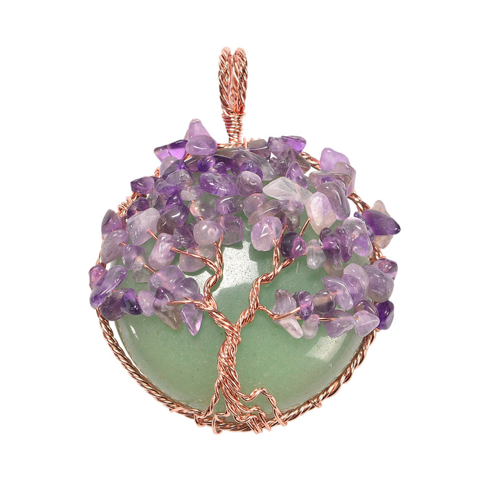 Green Aventurine and Amethyst 40mm Wire Wrapped Tree of Life Pendant Necklace Jewelry Gemstone Chips Beads