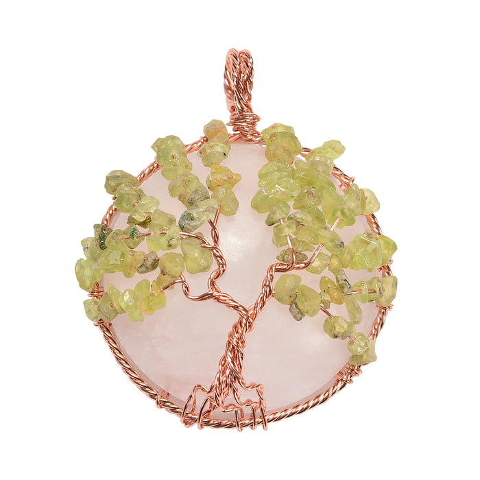 Clear Quartz and Peridot 40mm Wire Wrapped Tree of Life Pendant Necklace Jewelry Gemstone Chips Beads