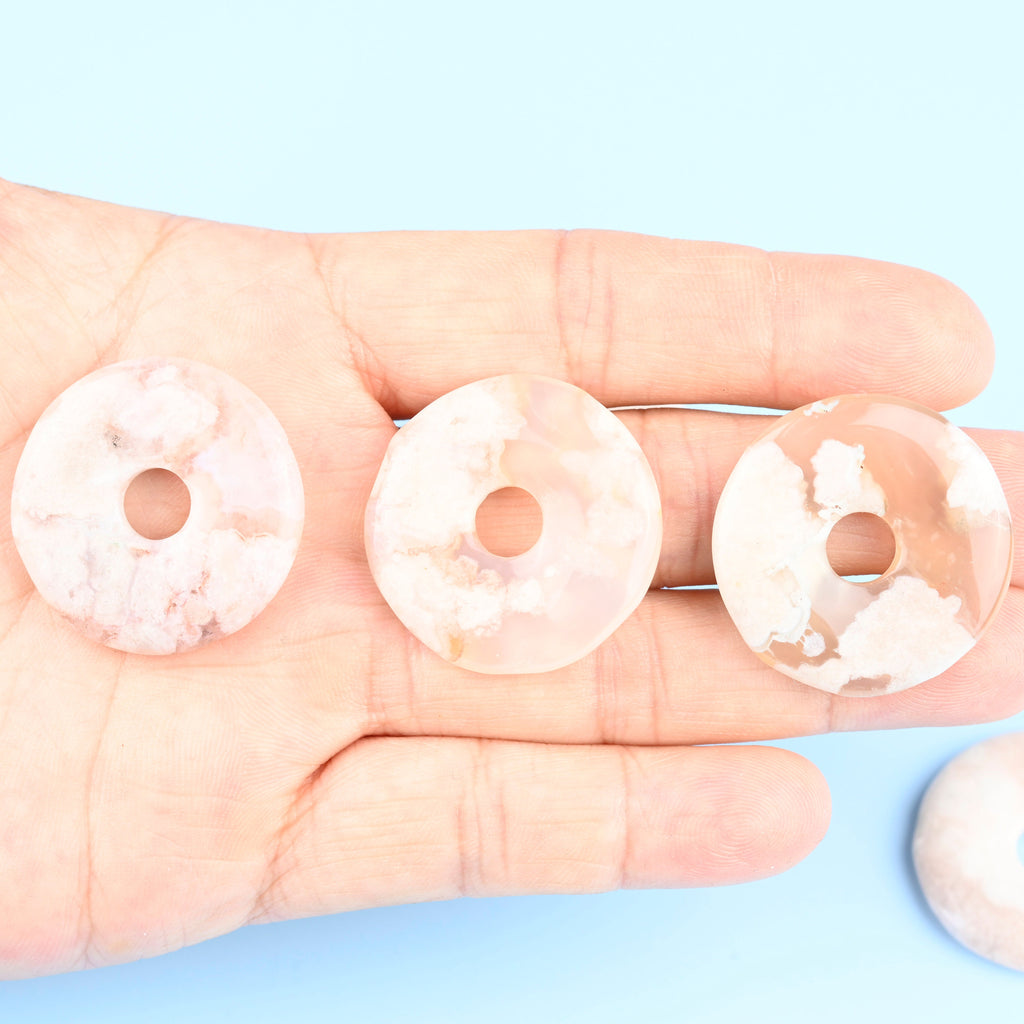 Cherry Blossom Sakura Flower Agate Donut Pendant Gemstone Crystal Carving Figurine 30mm, Healing Crystal