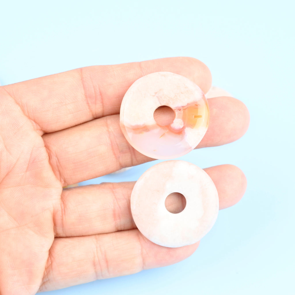 Cherry Blossom Sakura Flower Agate Donut Pendant Gemstone Crystal Carving Figurine 30mm, Healing Crystal