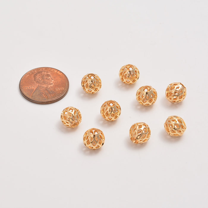 7.5mm Gold Hollow Diamond Pattern Round Beads, Spacer Beads, Rondelle Bead Accents, Bead Accessories Jewelry Making DIY Bracelets Necklaces