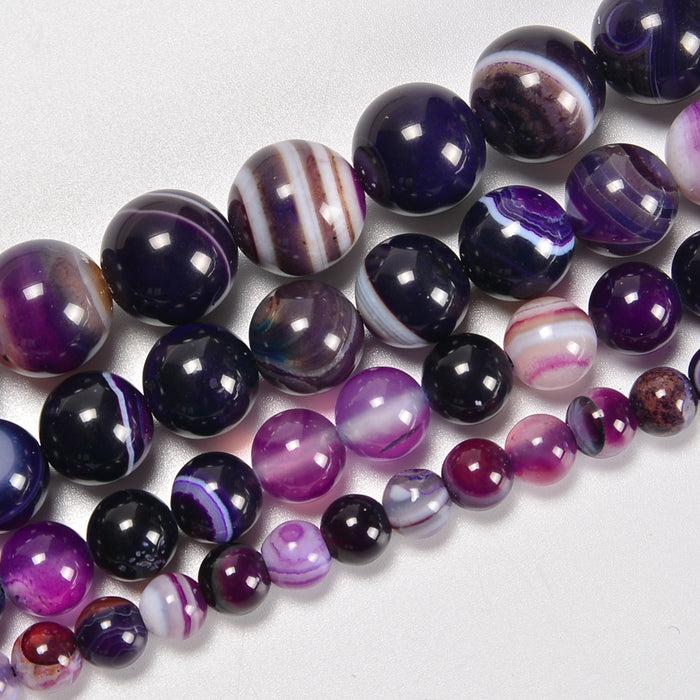 Dark Purple Stripe Agate Smooth Round Loose Beads 6mm-12mm - 15.5" Strand