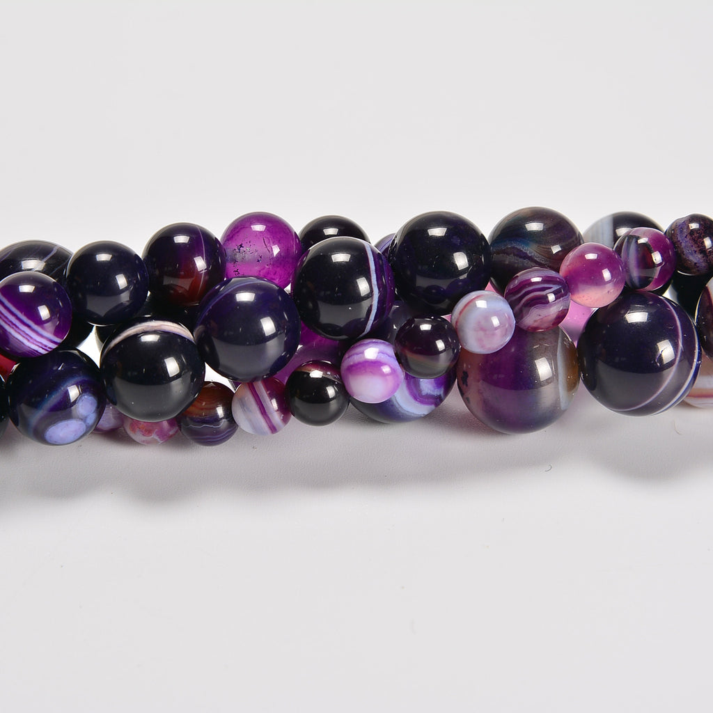 Dark Purple Stripe Agate Smooth Round Loose Beads 6mm-12mm - 15.5" Strand