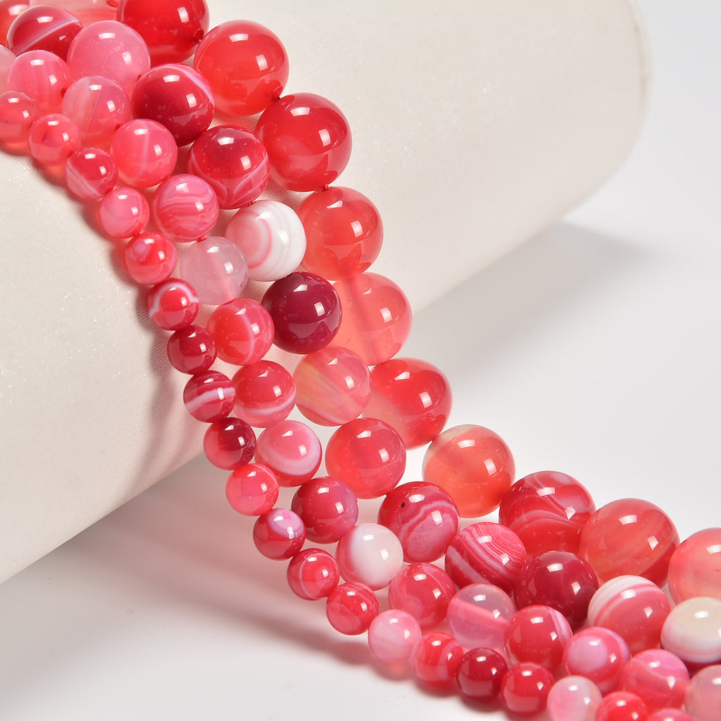 Carmine Rose Stripe Agate Smooth Round Loose Beads 6mm-12mm - 15.5" Strand